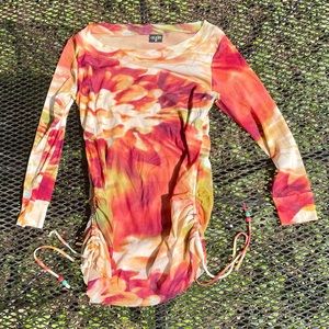 Y2k sheer top women’s size medium orange floral netted shirt 2000s 90s